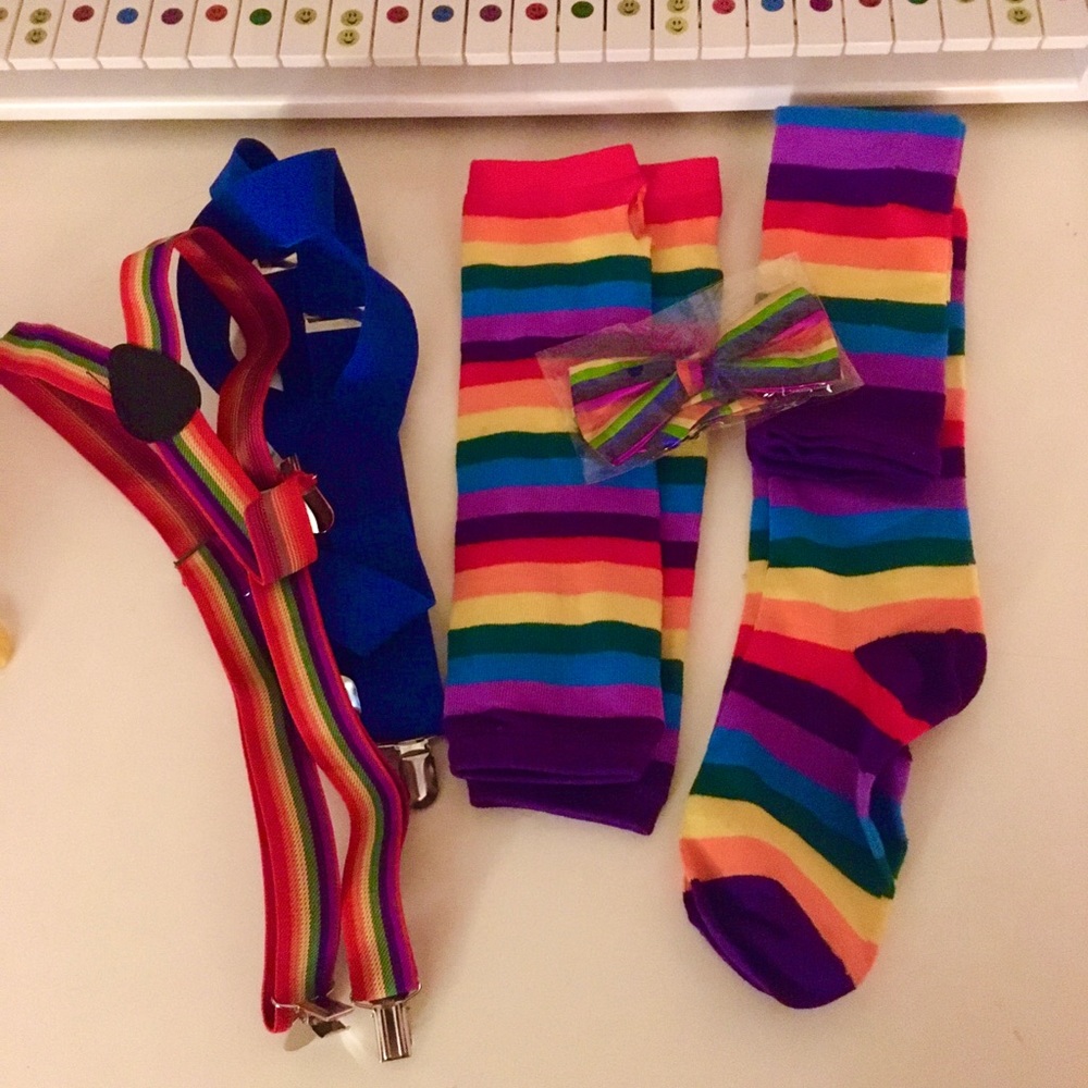 Rainbow Bow tie, suspenders, socks, and arm socks